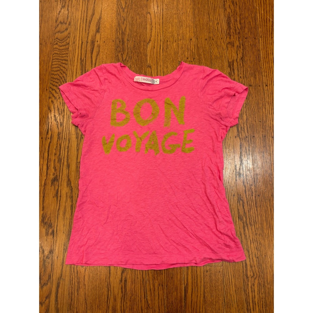J. Crew Safe Travels Bon Voyage Graphic Tee Pink Gold Cotton Slub Size M